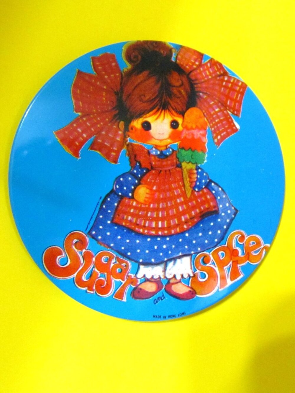 2/$20 Vintage large pinback button Sugar and Spice Girl with ice cream
